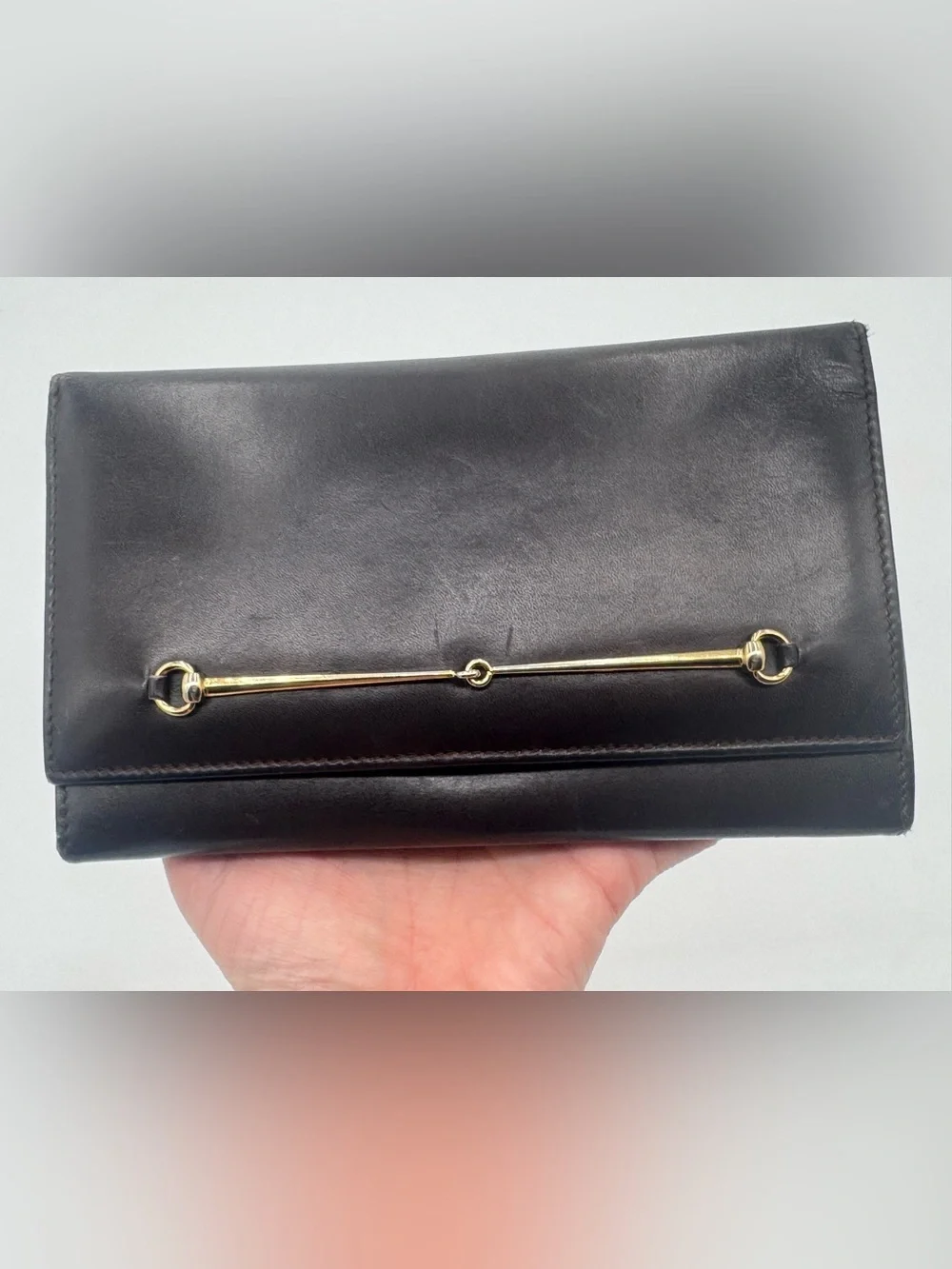 GUCCI Horsebit Long Wallet Clutch Tainted Indigo/Brown Leather Gold Hardware - Picture 9 of 10